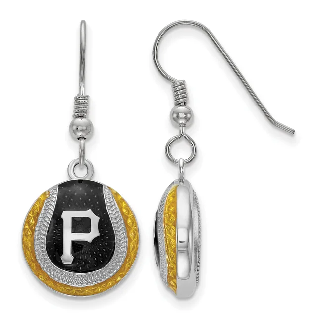 A pair of dangle earrings featuring a circular pendant with a black center, white letter P, gold textured outer ring, and silver accents, shown from front and side views on silver ear wires.