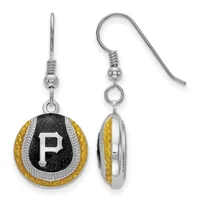 A pair of dangle earrings featuring a circular pendant with a black center, white letter P, gold textured outer ring, and silver accents, shown from front and side views on silver ear wires.