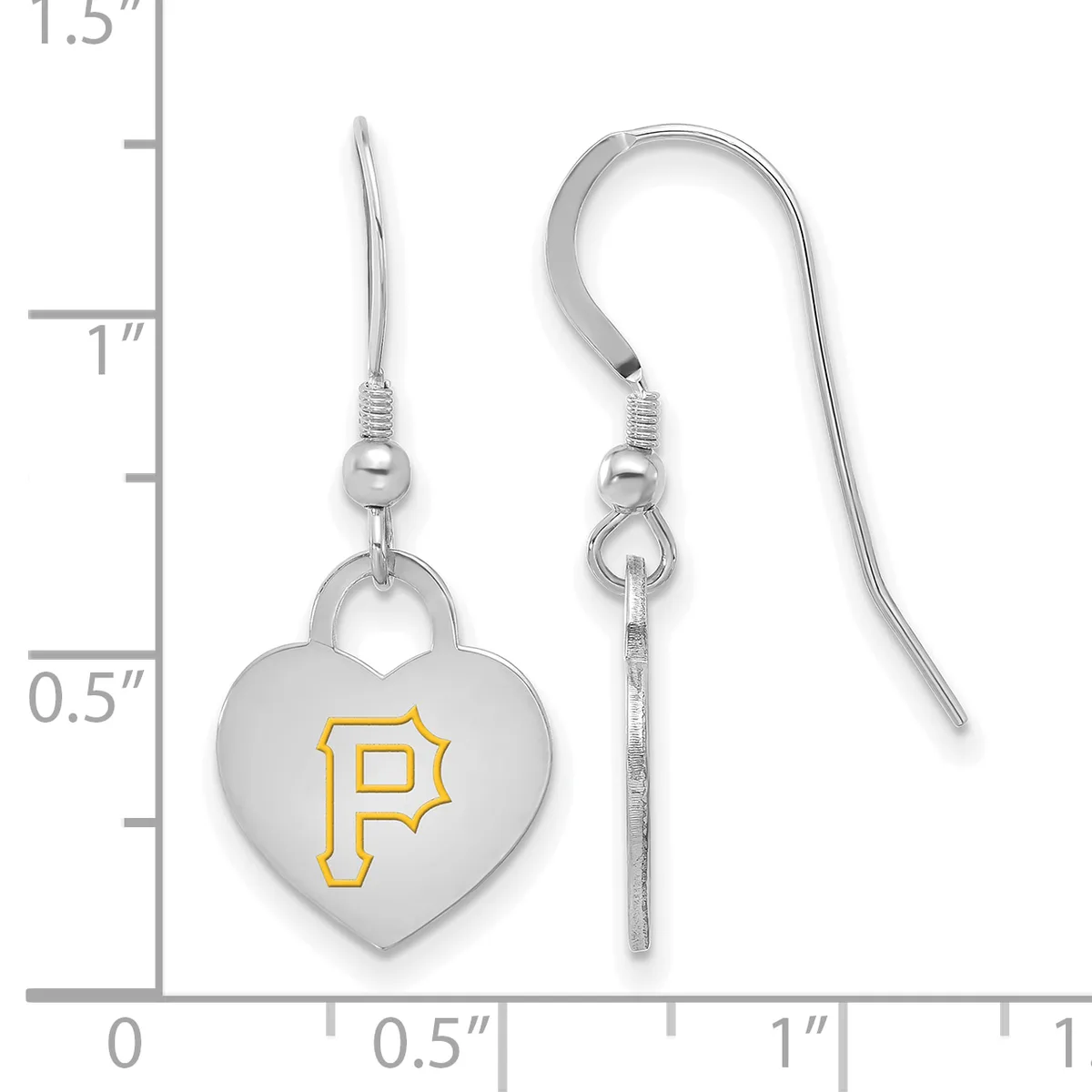 Silver heart-shaped earrings with yellow enamel P logo and fish hook wires, displayed against a measurement scale showing approximately 1.25 inches in length.
