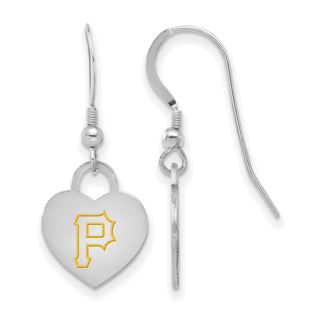 A pair of silver heart-shaped dangle earrings with gold-outlined "P" logos, shown front and back views with French wire hooks.