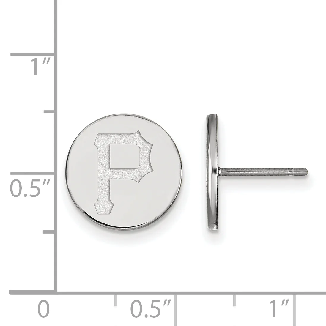 Silver circular stud earrings with an embossed letter P design, shown front and side view with a measurement scale indicating approximately 0.5 inches in diameter.