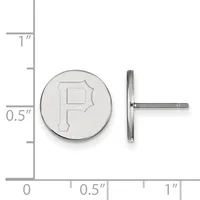 Silver circular stud earrings with an embossed letter P design, shown front and side view with a measurement scale indicating approximately 0.5 inches in diameter.