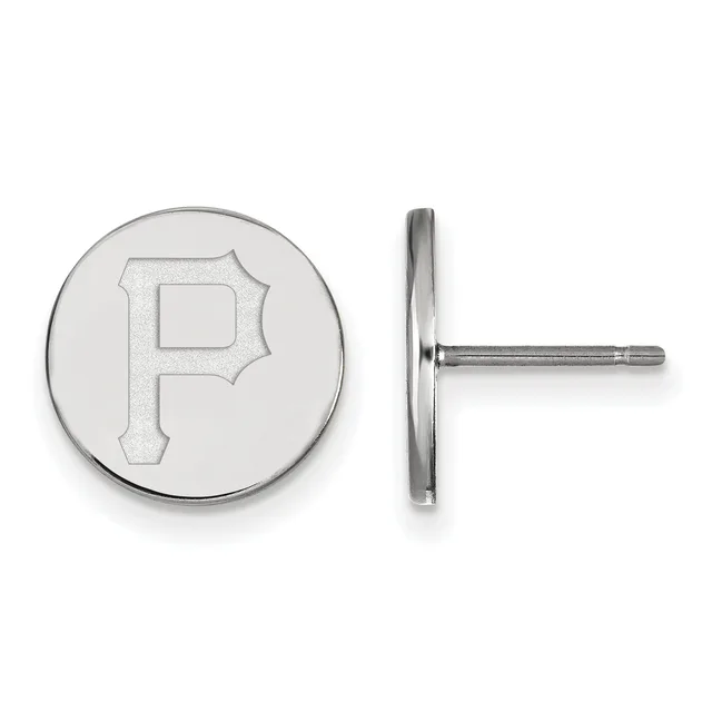 Pair of silver stud earrings featuring circular discs with an engraved letter P, shown from front and side views.