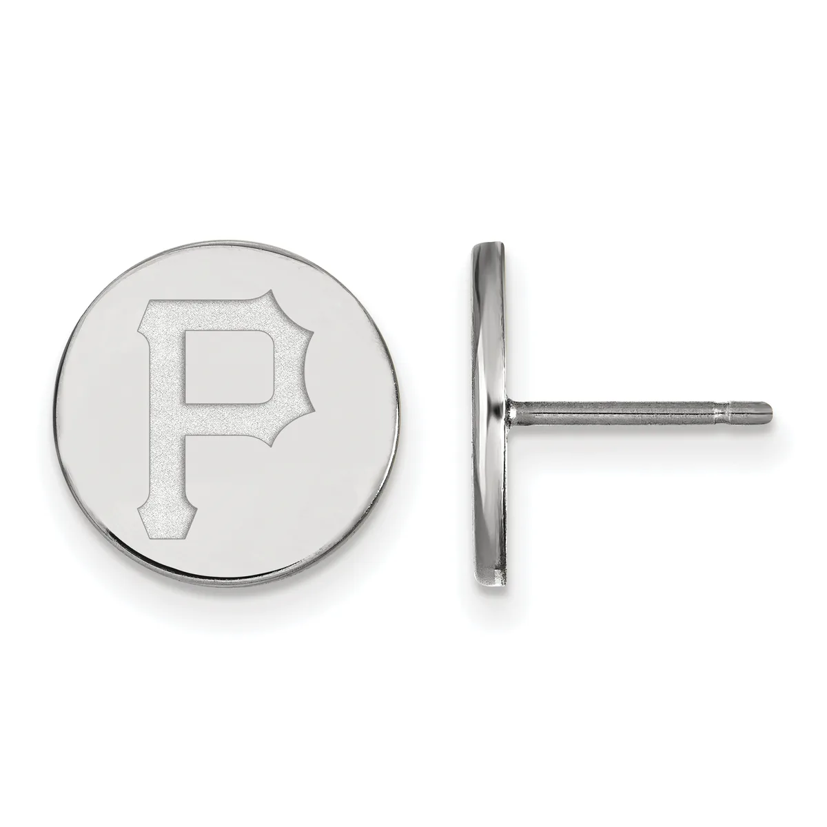 Pair of silver stud earrings featuring circular discs with an engraved letter P, shown from front and side views.