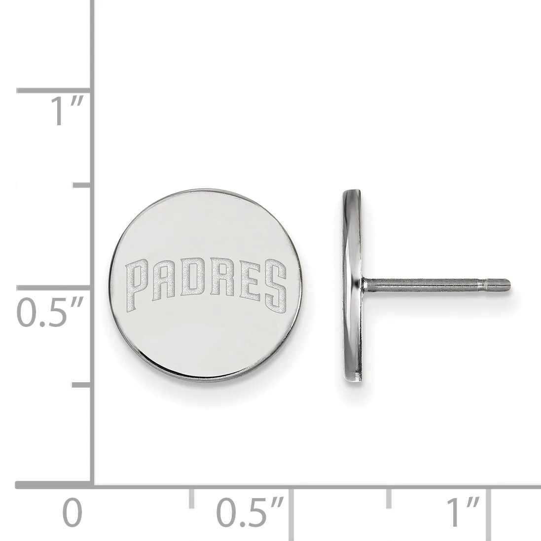A pair of round silver stud earrings with a flat circular face, shown front and side view against a measurement scale indicating approximately half an inch in diameter.