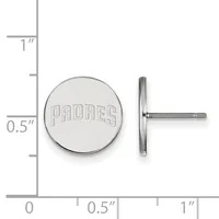 A pair of round silver stud earrings with a flat circular face, shown front and side view against a measurement scale indicating approximately half an inch in diameter.