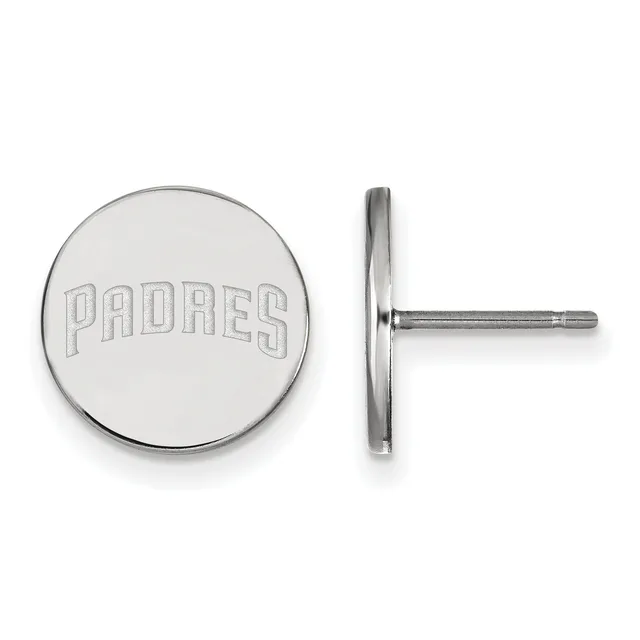Pair of circular stud earrings with engraved text on the front and a straight post with backing visible from the side view.