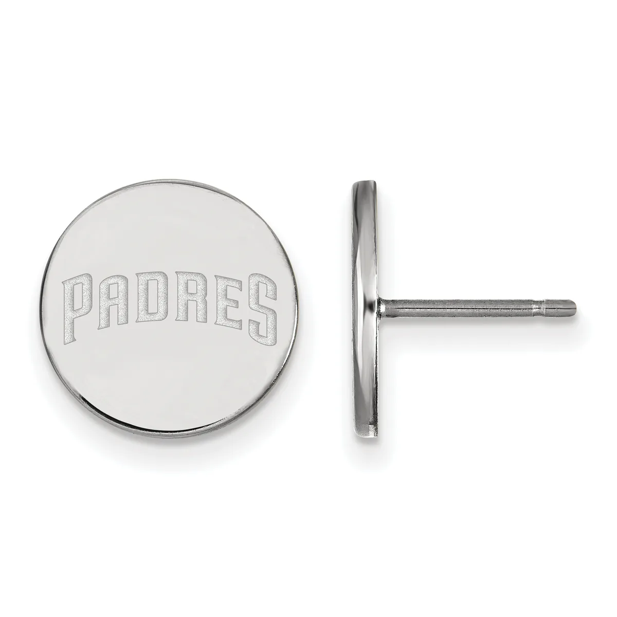 Pair of circular stud earrings with engraved text on the front and a straight post with backing visible from the side view.