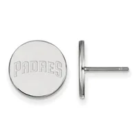 Pair of circular stud earrings with engraved text on the front and a straight post with backing visible from the side view.