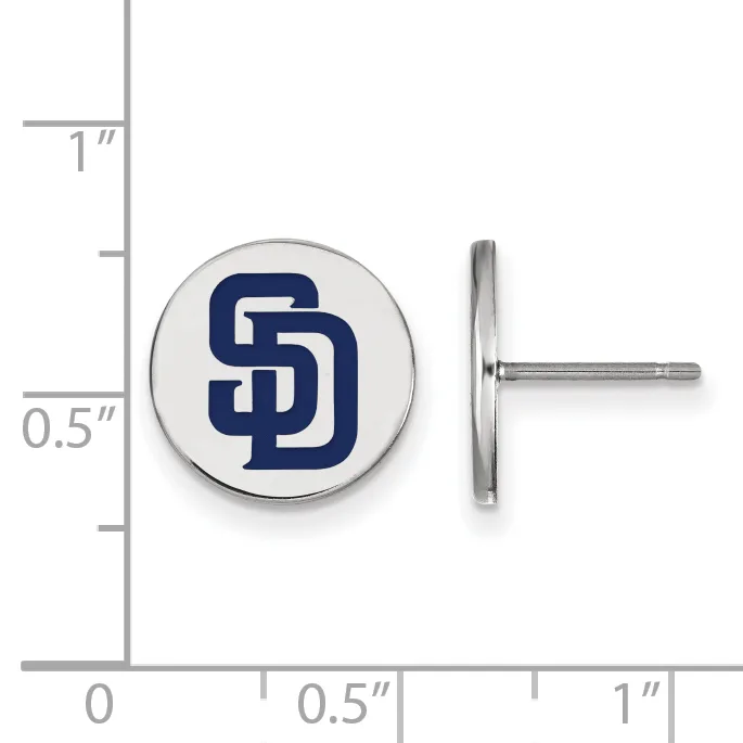Silver stud earrings with white circular faces displaying a dark blue interlocking letter logo, shown next to a measurement scale.