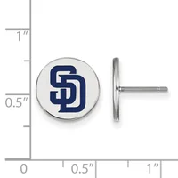 Silver stud earrings with white circular faces displaying a dark blue interlocking letter logo, shown next to a measurement scale.