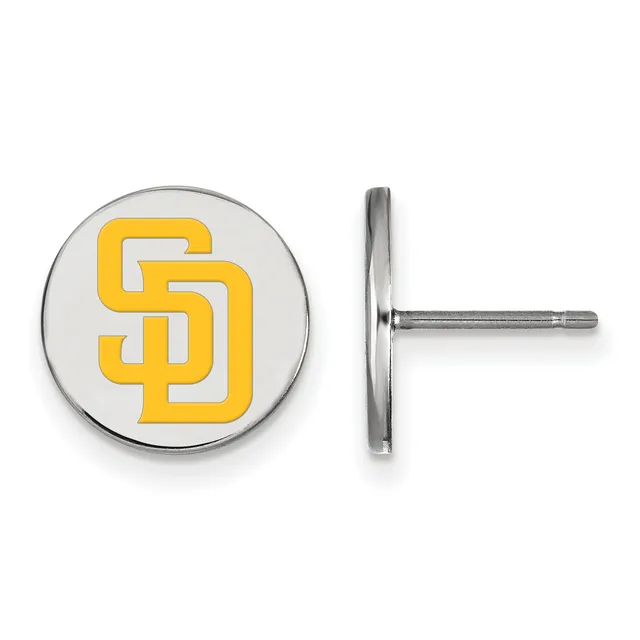 Pair of circular stud earrings with yellow SD logo on white enamel face and silver-tone metal post and backing.