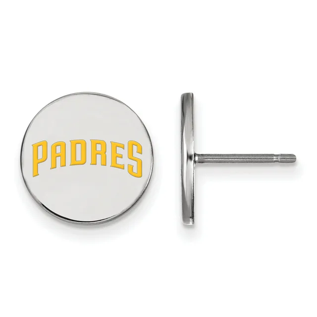 Pair of circular stud earrings with yellow text on white enamel face and polished silver-tone metal backing, shown from front and side views.