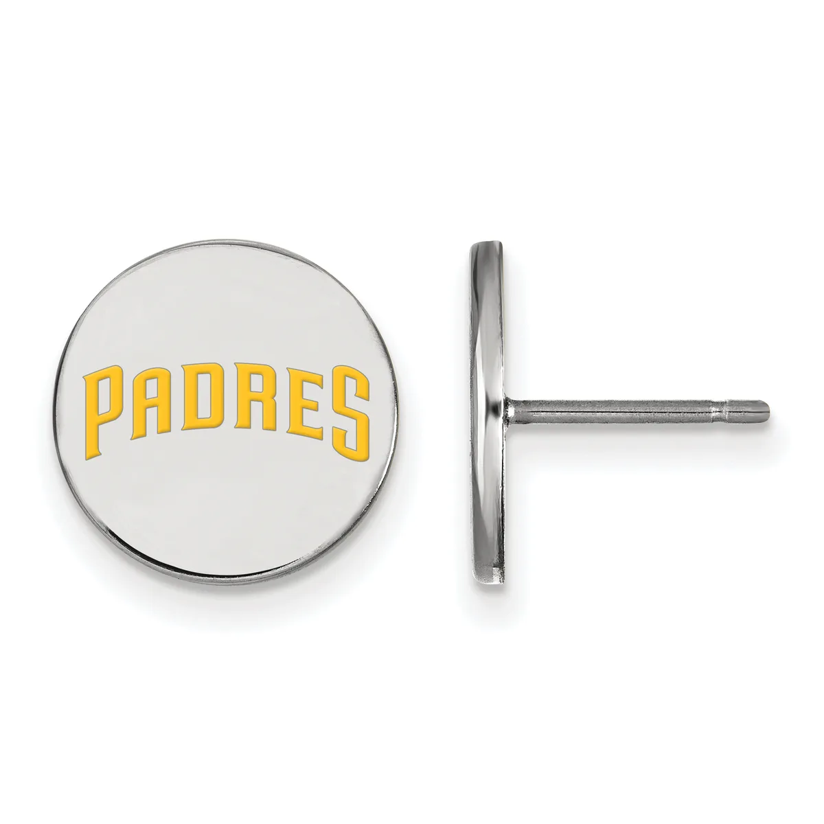 Pair of circular stud earrings with yellow text on white enamel face and polished silver-tone metal backing, shown from front and side views.