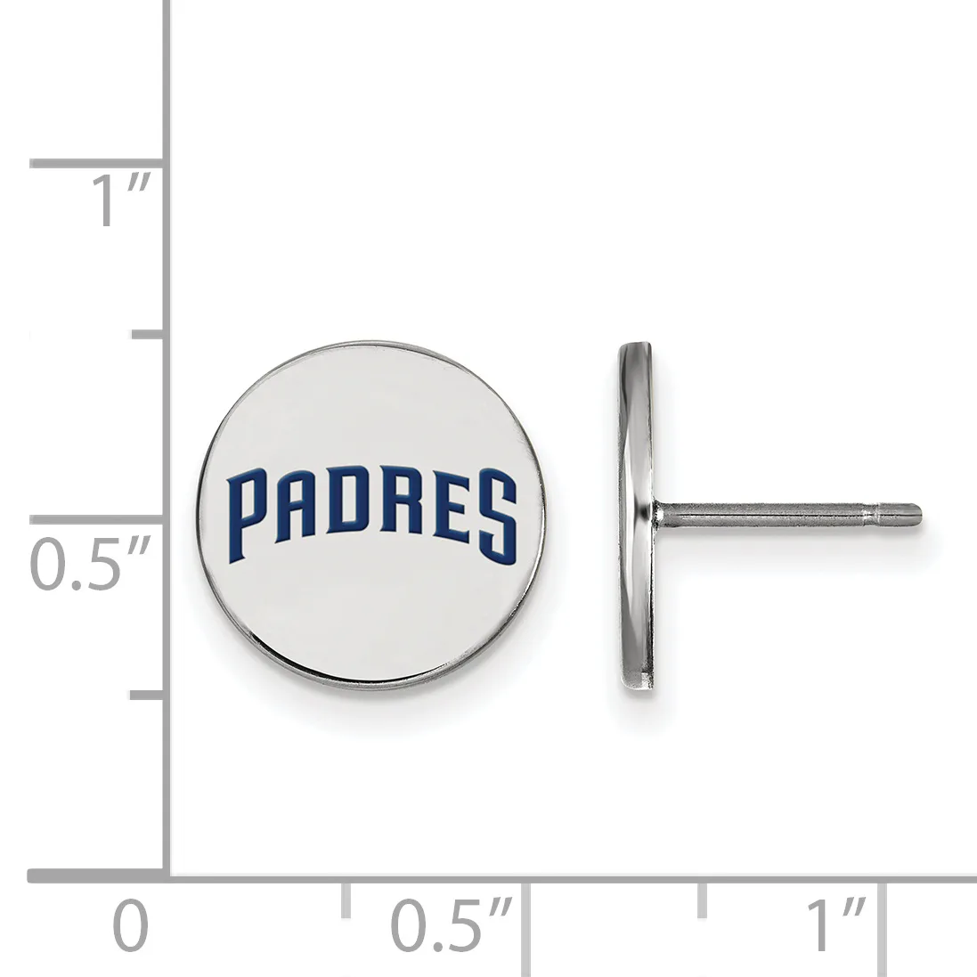 A pair of round silver-toned stud earrings with white enamel faces and blue text, shown front and back view with a measurement scale.