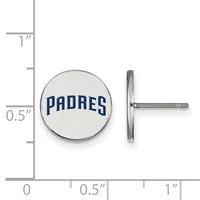 A pair of round silver-toned stud earrings with white enamel faces and blue text, shown front and back view with a measurement scale.