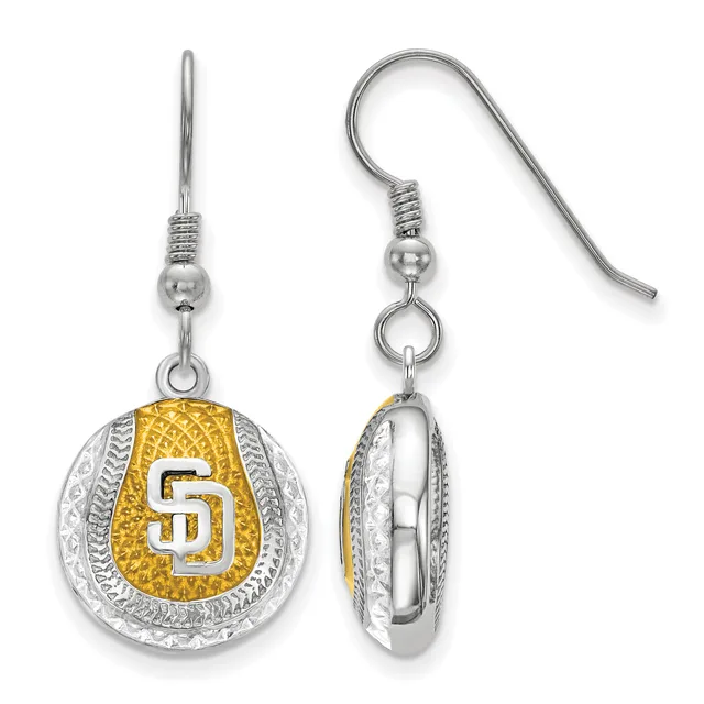 Pair of two-tone silver and gold-plated dangle earrings with the letter S on a textured oval pendant, shown front and side view.