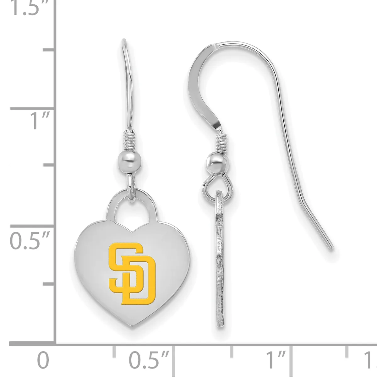 Pair of silver-toned heart-shaped earrings with yellow SD logo and fish-hook ear wires, displayed against a measurement scale showing approximately one inch in height.