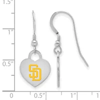 Pair of silver-toned heart-shaped earrings with yellow SD logo and fish-hook ear wires, displayed against a measurement scale showing approximately one inch in height.