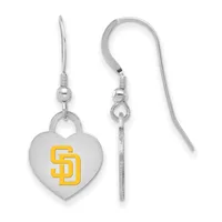 A pair of silver heart-shaped earrings with yellow enamel initials, shown front and back with fish hook ear wires.
