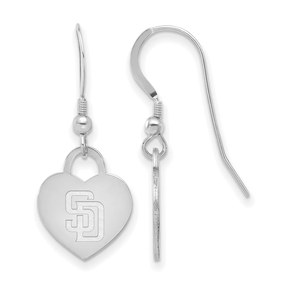 Pair of silver heart-shaped dangle earrings with the letter D engraved on the front, suspended from fishhook wires.