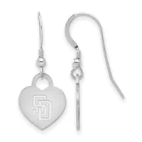Pair of silver heart-shaped dangle earrings with the letter D engraved on the front, suspended from fishhook wires.