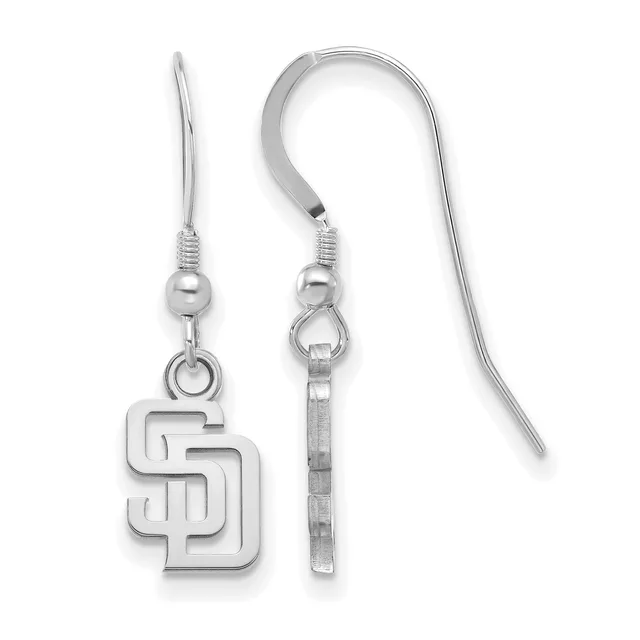 Pair of silver-toned dangle earrings with fish hook wires, each featuring a small ball bead and a rectangular pendant charm with an outlined "SD" logo.