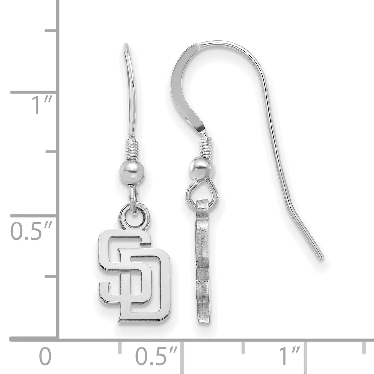 Pair of silver-colored dangle earrings with interlocking rectangular logo charm and matching hook backs, shown against a measurement scale.