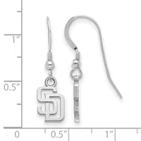 Pair of silver-colored dangle earrings with interlocking rectangular logo charm and matching hook backs, shown against a measurement scale.