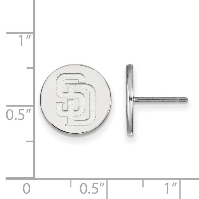Circular silver stud earring with raised "SD" monogram, shown front and side view with measurement scale indicating approximately 0.5 inch diameter.