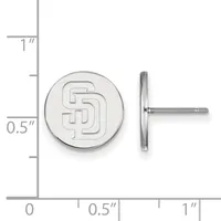 Circular silver stud earring with raised "SD" monogram, shown front and side view with measurement scale indicating approximately 0.5 inch diameter.