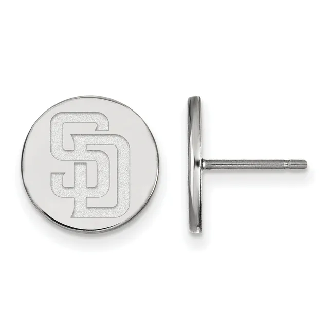 Pair of circular silver stud earrings with interlocking SD logo design, shown from front and side view.