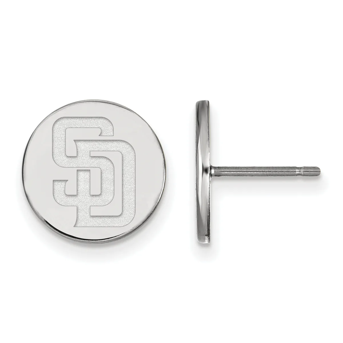 Pair of circular silver stud earrings with interlocking SD logo design, shown from front and side view.