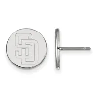 Pair of circular silver stud earrings with interlocking SD logo design, shown from front and side view.