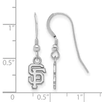 Pair of silver-toned dangle earrings with SF logo charms and fish hook wires, displayed against a measurement ruler.