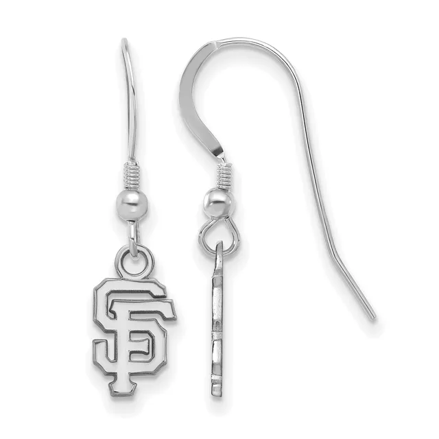 Pair of silver-colored drop earrings with fish hook wires, each featuring a small ball bead and an outlined SF logo charm hanging below.