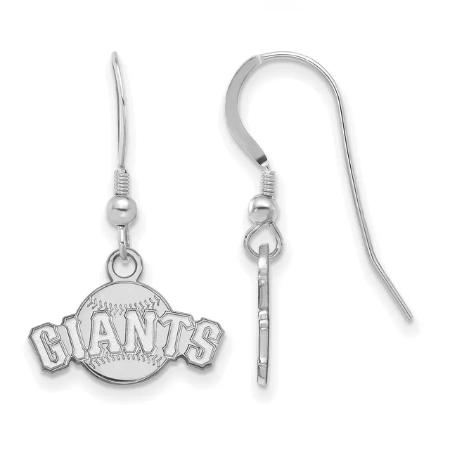 Pair of silver-toned dangle earrings featuring a baseball-shaped pendant with "GIANTS" text, shown front and back views with fish hook closures.