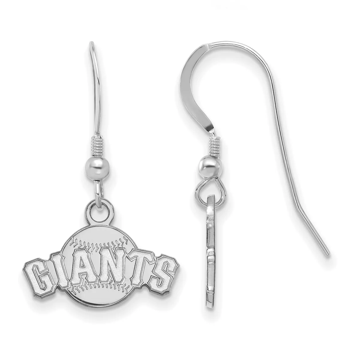 Pair of silver-toned dangle earrings featuring a baseball-shaped pendant with "GIANTS" text, shown front and back views with fish hook closures.