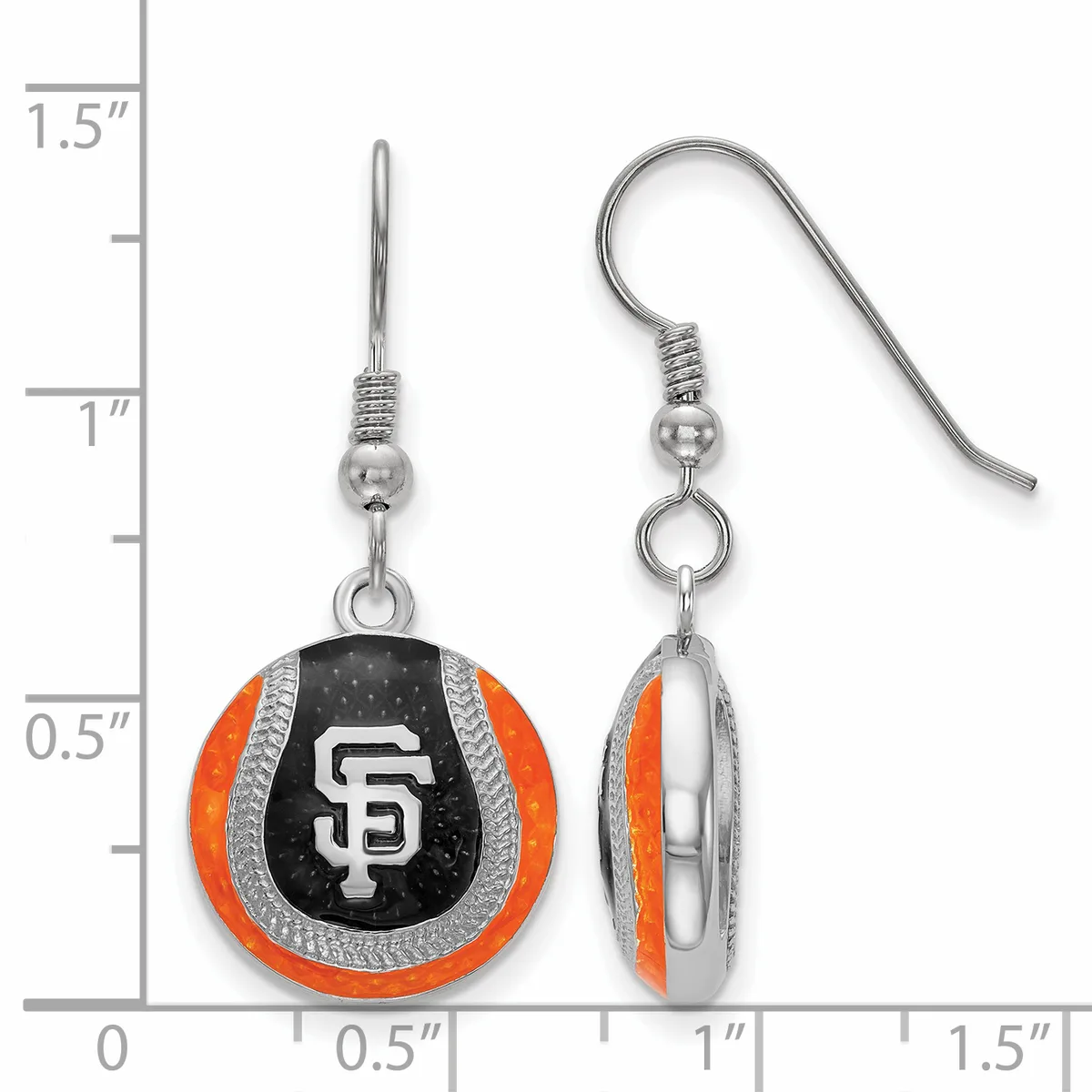 A pair of silver-tone earrings with orange and black enamel baseball-shaped charms, shown front and side view against a measurement scale.