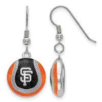 Pair of dangle earrings with orange and black enamel baseball-shaped charms suspended from silver-toned hooks with decorative beads.