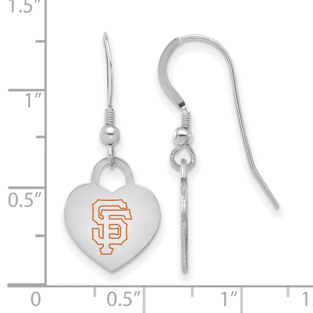 Silver heart-shaped dangle earrings with orange SF logo shown next to a ruler measuring approximately 1.25 inches long.