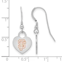 Silver heart-shaped dangle earrings with orange SF logo shown next to a ruler measuring approximately 1.25 inches long.
