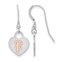 Pair of silver-toned heart-shaped dangle earrings with orange enamel logo, shown front and side view.
