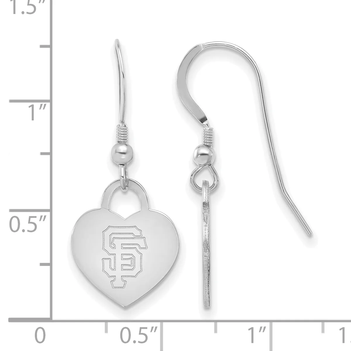 A pair of silver heart-shaped dangle earrings with an engraved SF logo, shown next to a ruler measuring approximately one inch in length.