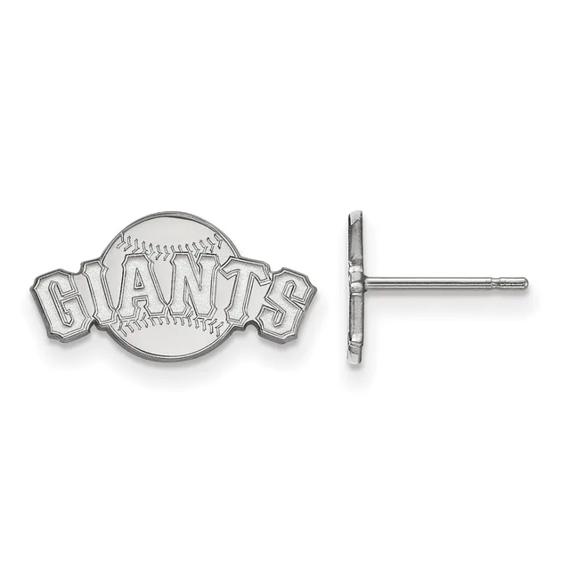 Pair of silver baseball-themed stud earrings with "Giants" text and baseball design, shown from front and side views.
