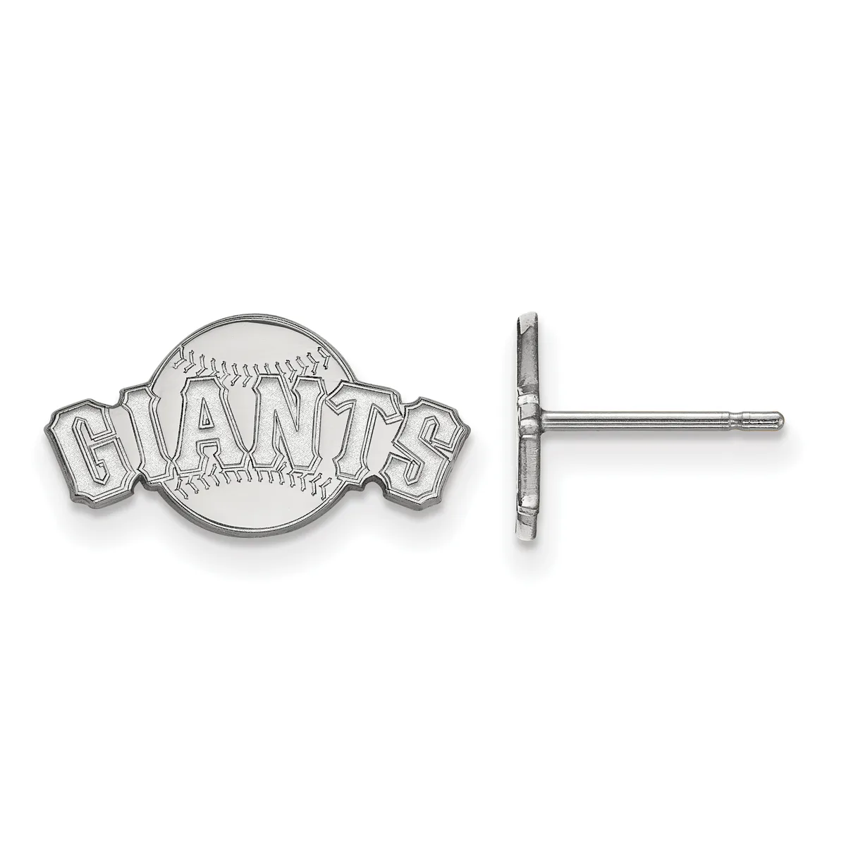 Pair of silver baseball-themed stud earrings with "Giants" text and baseball design, shown from front and side views.