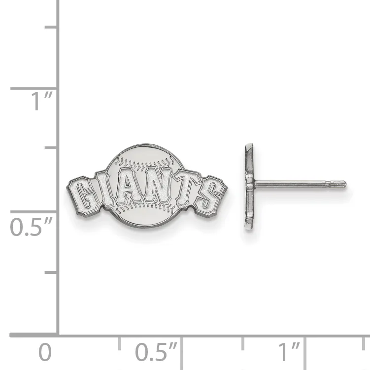 Silver baseball-themed stud earrings with "GIANTS" text on circular baseball motif, shown next to ruler for scale.