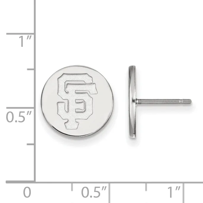 Silver round stud earrings with engraved SF logo, shown front and side view against a measurement scale indicating approximately half-inch diameter.