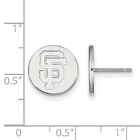 Silver round stud earrings with engraved SF logo, shown front and side view against a measurement scale indicating approximately half-inch diameter.
