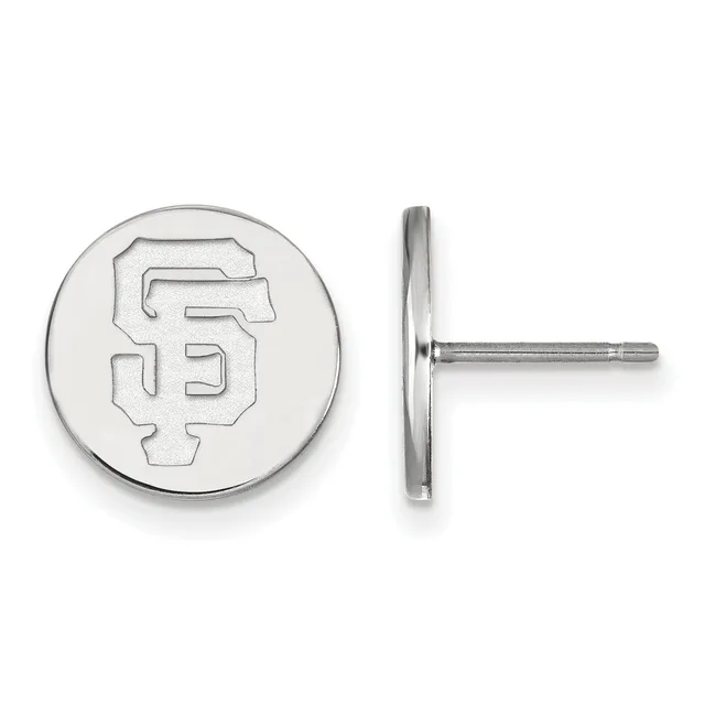 Pair of sterling silver circular stud earrings with an engraved interlocking "SF" monogram, shown from front and side views.